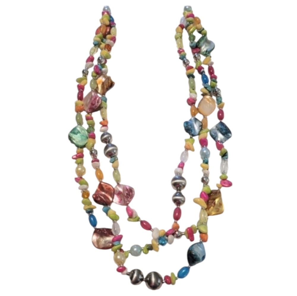 Smooth Stone Three Strand Chain Link Necklace In Pink, Blue, Yellow - Picture 5 of 7